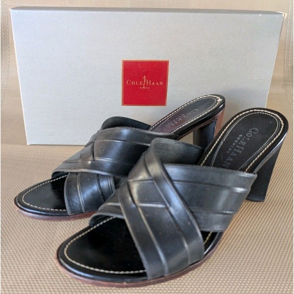 Cole Haan Mae Wood Block Heel Sandal Cross Strap Slide Sandals Black Leather 7.5